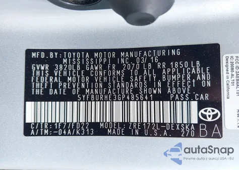 2016 Toyota Corolla S Plus z USA, uszkodzony, nr VIN 5YFBURHE3GP485641